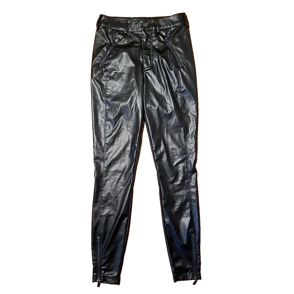 Guess Women Sz 4 Skinny Mid Rise Black Faux Leather Pants Leggings Zip Ankle  T5